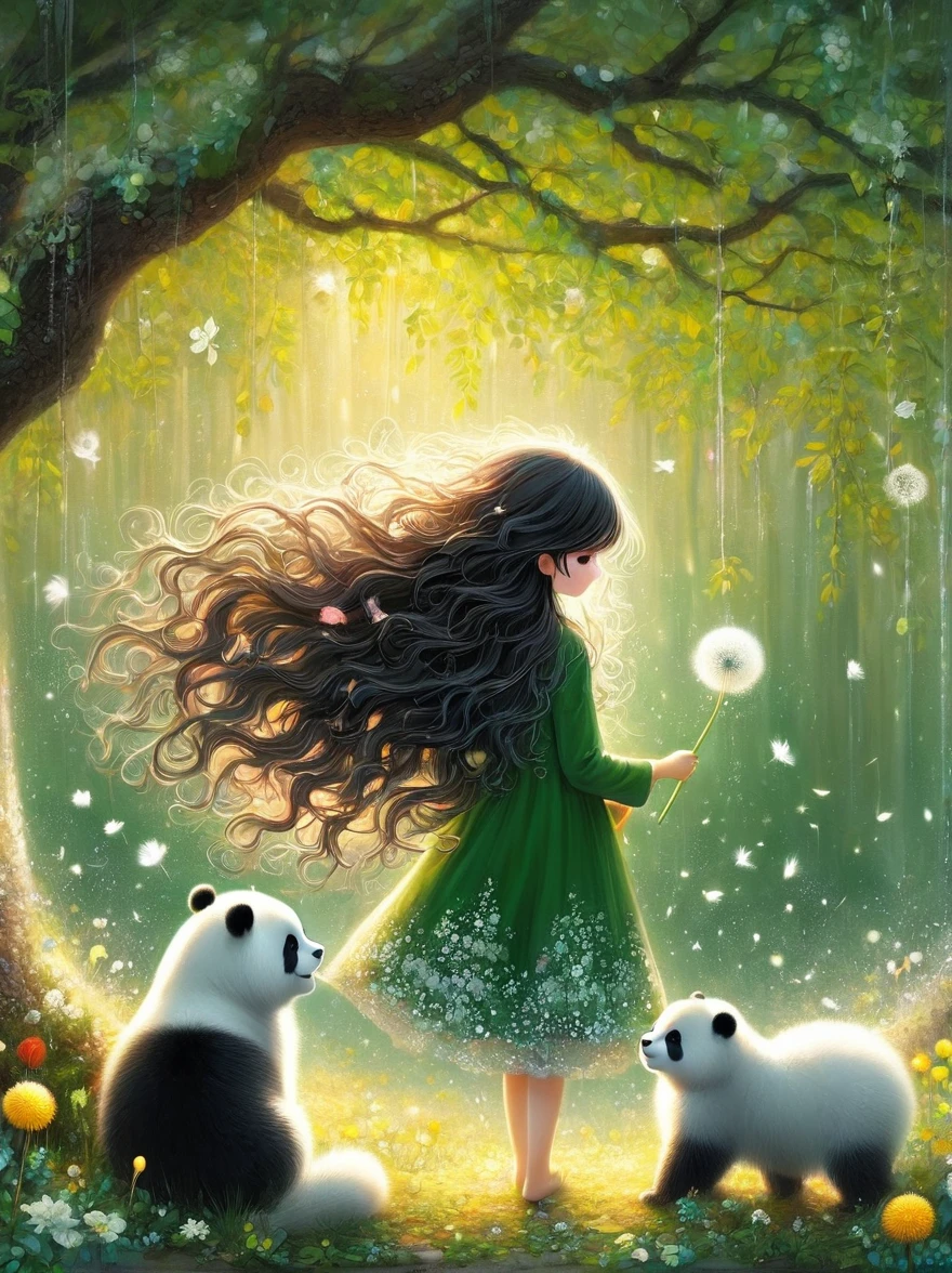 1girl, 独奏, Long hair, Red hair, Long sleeve, skirt, myopia, flower, from the side, Tree, contour, animal, Watermark, Wavy Hair, flower卉印flower, panda, plant, Nature, Network skirt, forest, curls, Green dress, vine，Glowing silver light，Innocence，storybook-like，对Nature的温柔描绘，Wear，so beautiful, in the style of Amanda clark, Evgeni gordiets