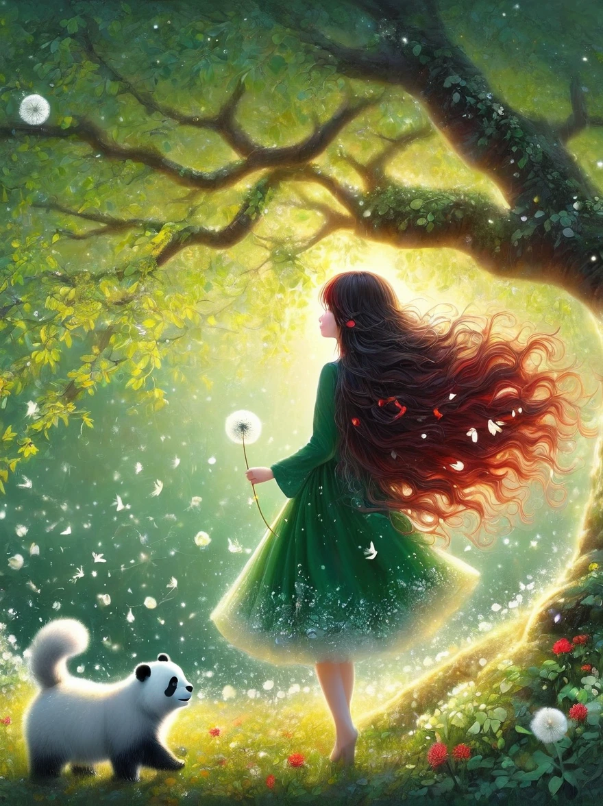 1girl, 独奏, Long hair, Red hair, Long sleeve, skirt, myopia, flower, from the side, Tree, contour, animal, Watermark, Wavy Hair, flower卉印flower, panda, plant, Nature, Network skirt, forest, curls, Green dress, vine,Glowing silver light,Innocence,storybook-like,对Nature的温柔描绘,Wear,so beautiful, in the style of Amanda clark, Evgeni gordiets