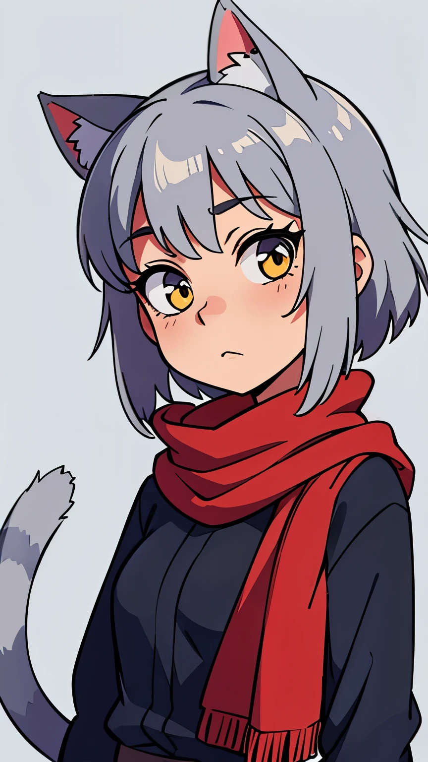 The character is simply drawn of a muller-haired gray cat ,MADE MY CHARACTER'S COLD EMOTION WITH A RED SCARF