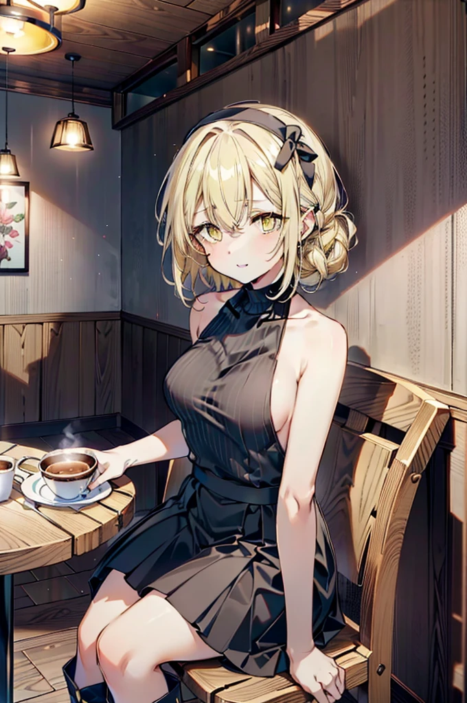 (アイスWallenstein, Wallenstein, blonde, Hair between the eyes, hair band, happy smile, smile, Open your mouth,Blonde,Long Hair, (Yellow Eyes:1.5),One-shoulder sweater,Long skirt,short boots,Sitting in a chair,There is food on the table,Daytime,Clear skies,whole bodyがイラストに入るように,　　　　　　　　　　　　　　　　　break looking at viewer, whole body,　　　　　　　　　　　break indoors,Coffee shop,,　　　　　　　　　　　　　　　 break (masterpiece:1.2), Highest quality, High resolution, unity 8k wallpaper, (shape:0.8), (Beautiful and beautiful eyes:1.6), Highly detailed face, Perfect lighting, Extremely detailed CG, (Perfect hands, Perfect Anatomy),