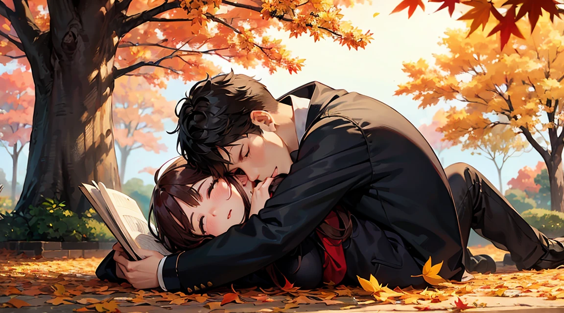Canada、autumn leaves、Maple、hill、Maple、Leaves fall、One man and one woman, A man is sitting under a tree and reading。Woman sleeping on man's lap、Blissful expression、Korean Drama、Tokkebi、Gong Yoo、Kim Go Eun, Man in a stylish suit, Woman wearing a long-sleeved sweater, Pleated skirt, Red scarf、
