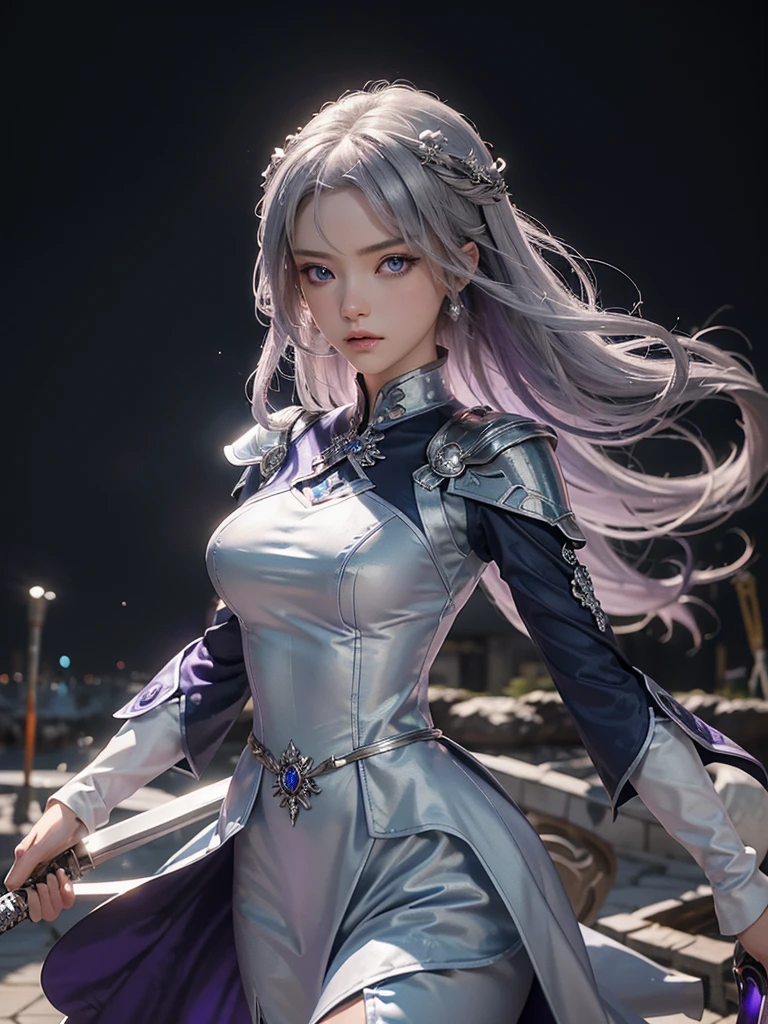 Create a 3D image in anime cartoon style of a beautiful geigha with blue-violet eyes with all her equipment surrounding the imperial palace in a fighting attitude. She carries a beautiful, perfectly detailed silver sword. Her dress is spectacular. She applies intense silver and violet microparticles in the most relevant details of the scene applies 300 dpi , HDMI and full definition 