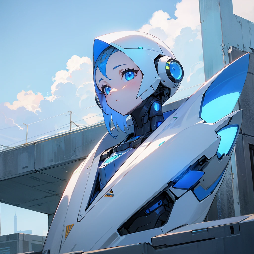 A Literal Robot, Bright Blue eyes, Over a building, Looking at the horizon
