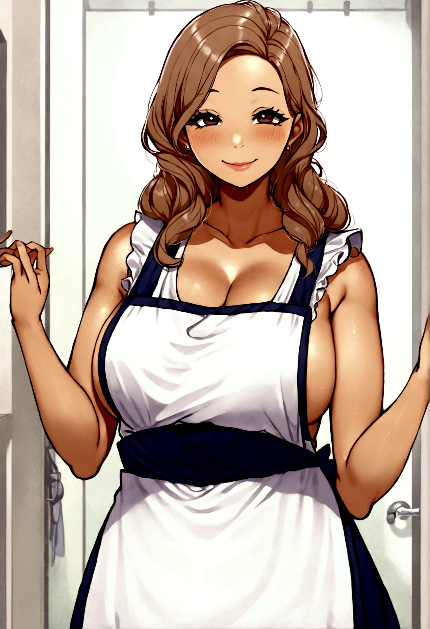 Beautiful house wife, Tan skin, wearing Apron,  smile, has fatty upper pubic area.