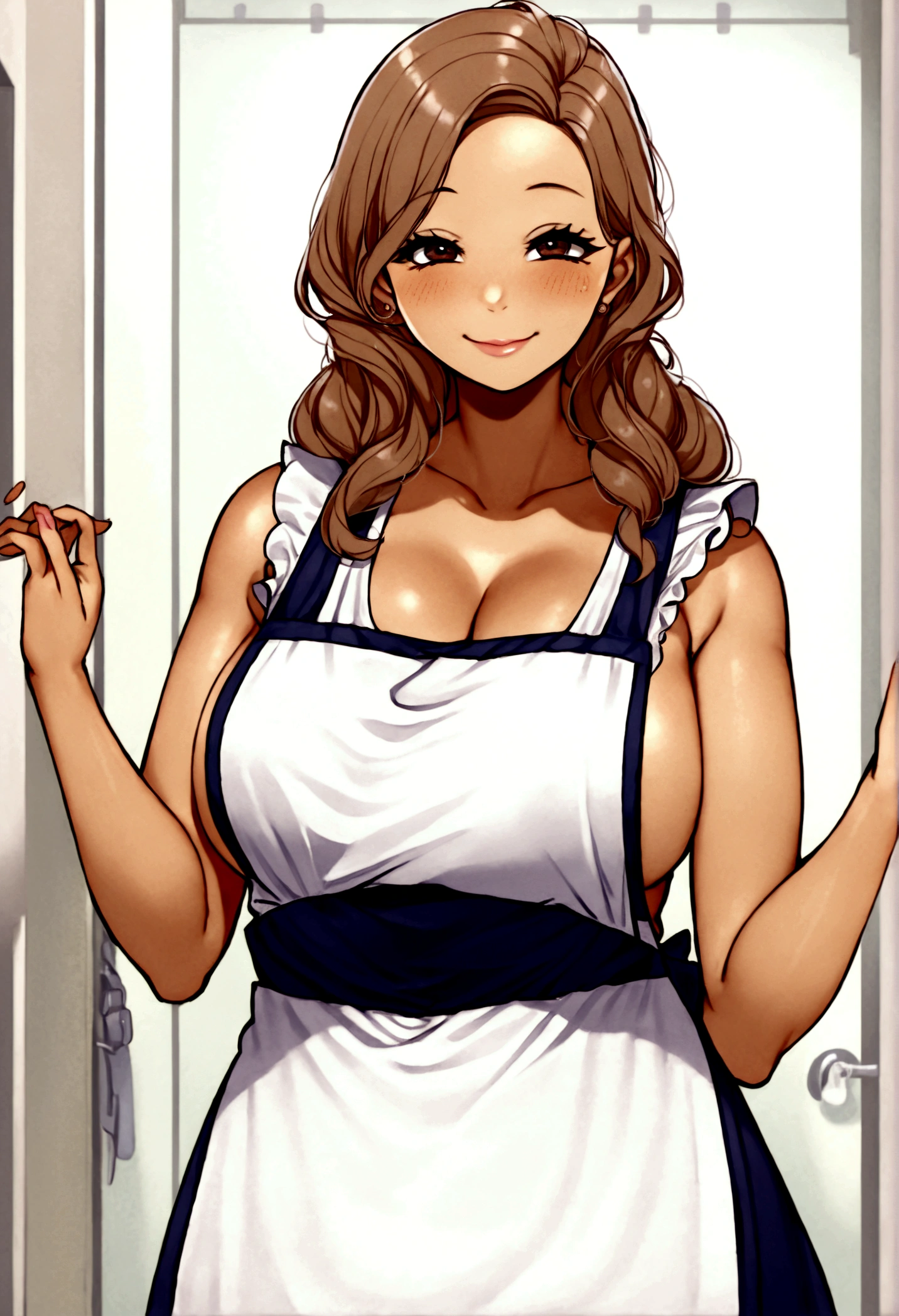 Beautiful house wife, Tan skin, wearing Apron, horny smile, has fatty upper pubic area.