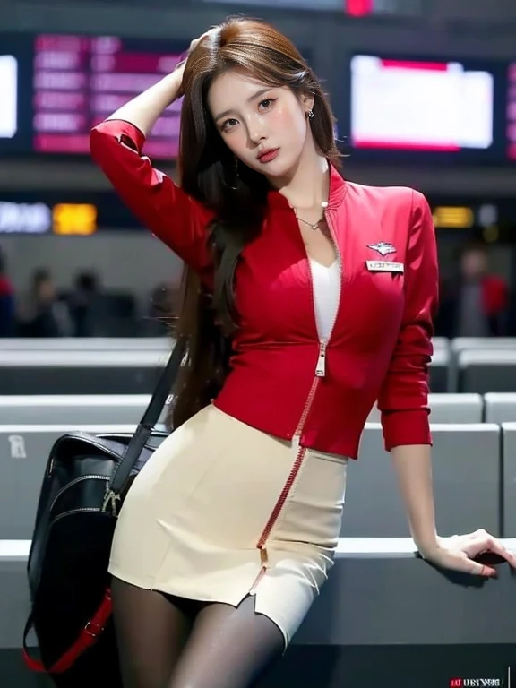 (masterpiece:1.2, highest quality:1.2), 32k HDR, High resolution, (alone, 1 girl), （Realistic style of AirAsia stewardess uniform）, neat woman, beautiful face, brown hair, (long hair down to waist), (red jacket:1.1, Unzipped jacket, unbuttoned white shirt:1.05, red mini skirt:1.1, pantyhose), perfect slim body:1.1, huge breasts, Huge breasts cleavage, detailed skin texture, fine eyes, (fascinating look:1.2), necklace、earrings、(forward leaning posture:1.5, in an airport, London , Heathrow airport,blue eyes