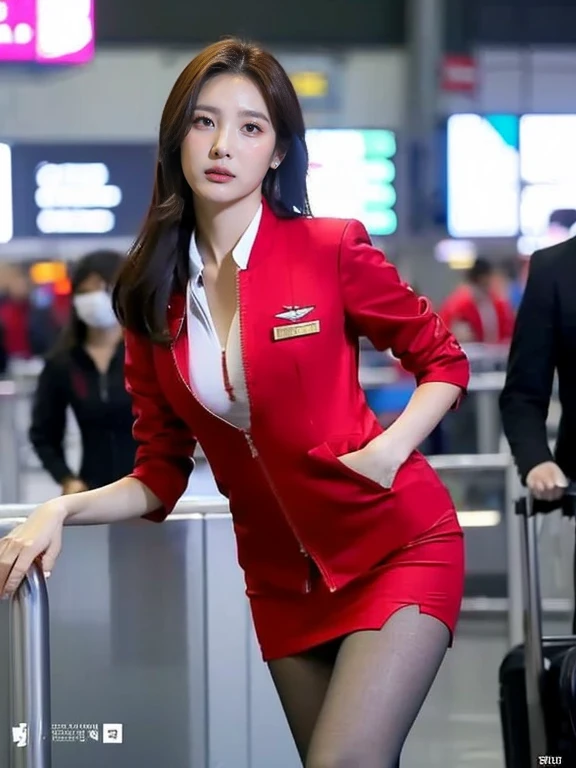 (masterpiece:1.2, highest quality:1.2), 32k HDR, High resolution, (alone, 1 girl), （Realistic style of AirAsia stewardess uniform）, neat woman, beautiful face, brown hair, (long hair down to waist), (red jacket:1.1, Unzipped jacket, unbuttoned white shirt:1.05, red mini skirt:1.1, pantyhose), perfect slim body:1.1, huge breasts, Huge breasts cleavage, detailed skin texture, fine eyes, (fascinating look:1.2), necklace、earrings、(forward leaning posture:1.5, in an airport, London , Heathrow airport,blue eyes