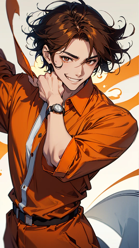 Japanese, man, slim body, short fluffy hair, brown hair, grinning face, wide double eyelids, cute face, dress shirt, orange clothes, flashy wristwatch, white background