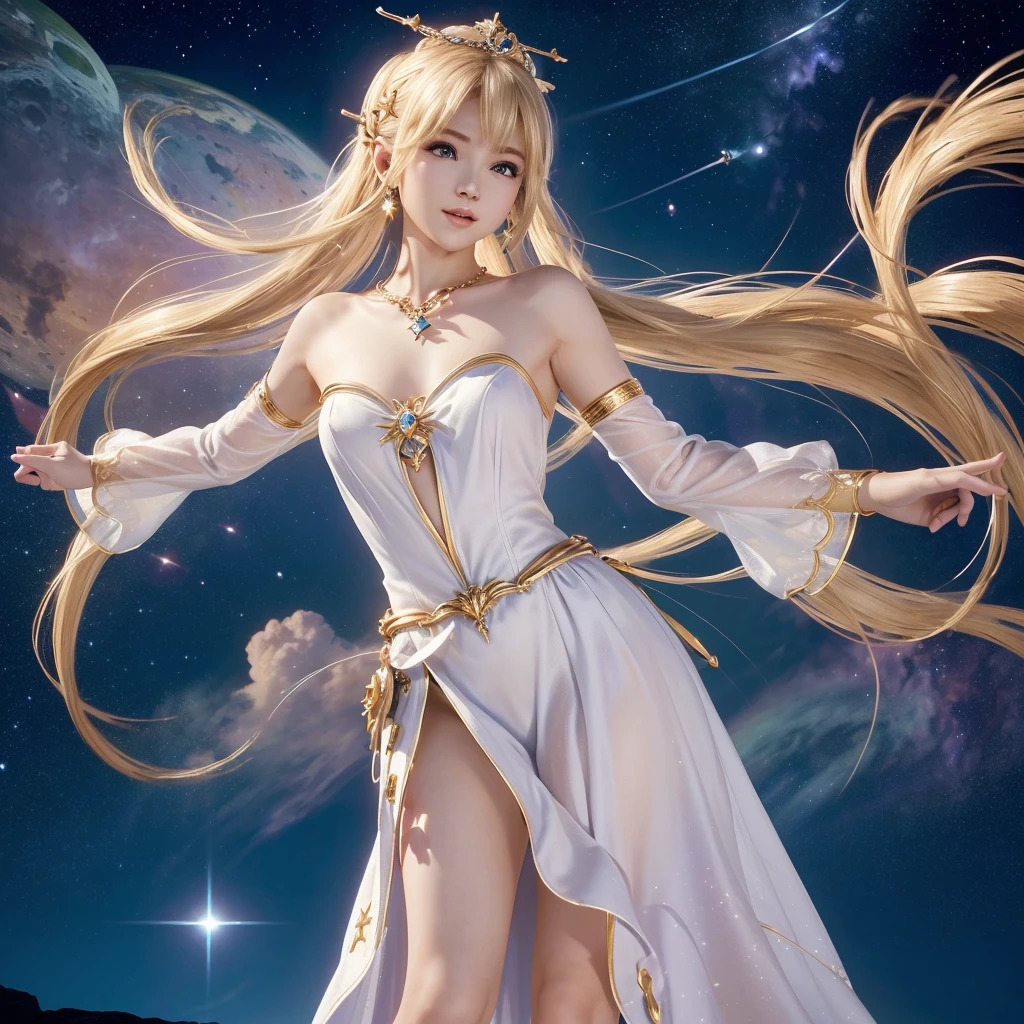 (masterpiece、Highest quality、High resolution、8K、16K)、((Alone in space、Beautiful Goddess、Standing posture、フローティング in the sky like a star))、((whole body))、Golden Cape、White long dress、No sleeve、Adorned with vibrant jewels、Gold Bracelet、Blonde middle、Beautiful brown eyes、A kind smile、Mouth closed、Elegant and detailed face、Graceful operation、Place one hand under your chest、Professional Lighting、The universe is full of light、Countless stars and nebulae、