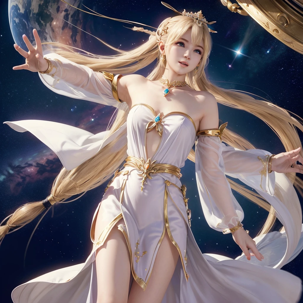 (masterpiece、Highest quality、High resolution、8K、16K)、((Alone in space、Beautiful Goddess、Standing posture、フローティング in the sky like a star))、((whole body))、Golden Cape、White long dress、No sleeve、Adorned with vibrant jewels、Gold Bracelet、Blonde middle、Beautiful brown eyes、A kind smile、Mouth closed、Elegant and detailed face、Graceful operation、Place one hand under your chest、Professional Lighting、The universe is full of light、Countless stars and nebulae、