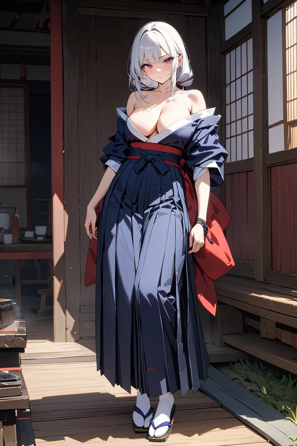 (masterpiece, best quality:1.5), (ultra detailed, high resolution, 8k, beautiful detailed, UHD, best anatomy), 1 cool girl, white hair, medium breasts, Women's Hakama, Japanese Samurai, kamishimo, tabi, Warring States period (of Japanese history, approx. 1467-1568 CE)