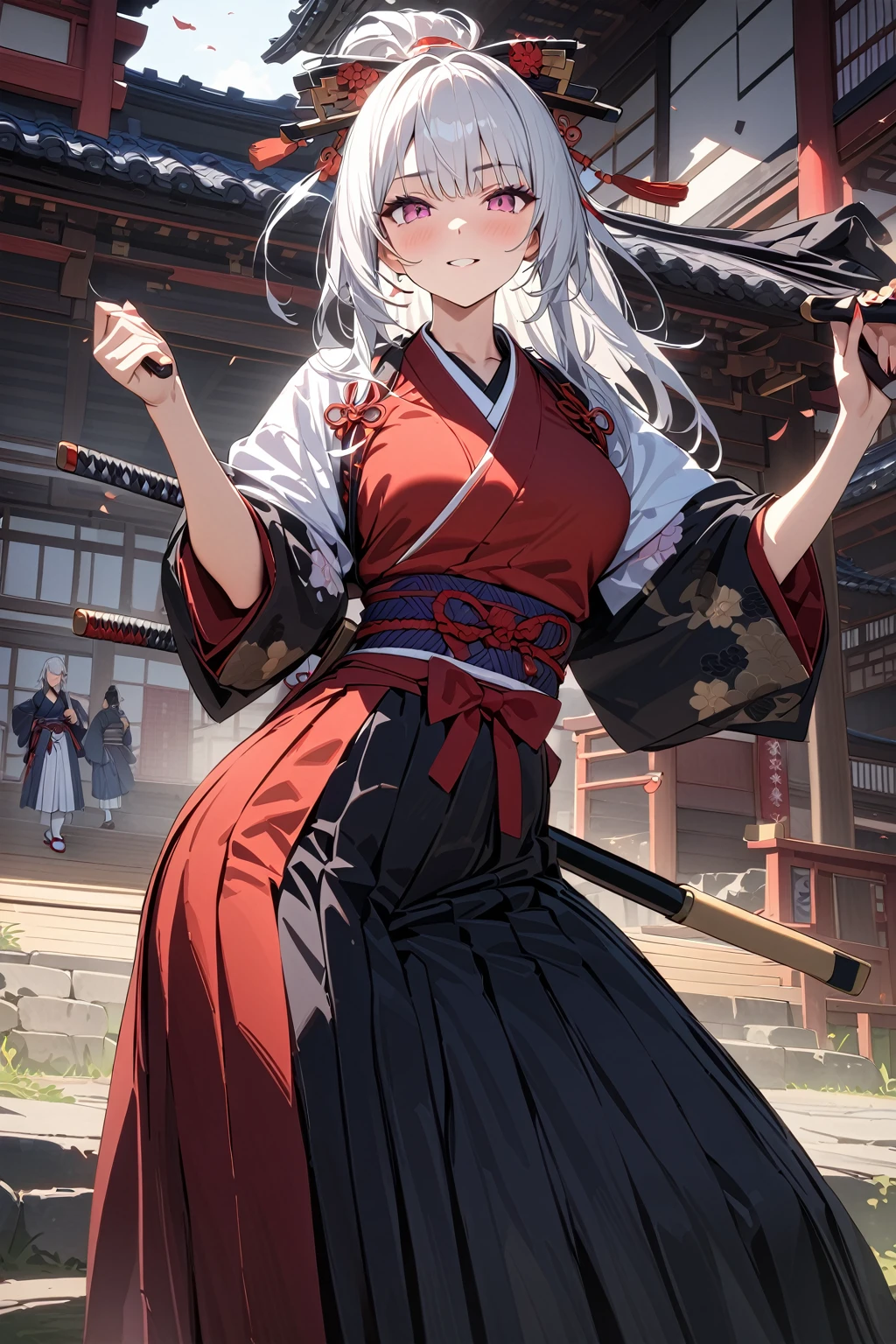 (masterpiece, best quality:1.5), (ultra detailed, high resolution, 8k, beautiful detailed, UHD, best anatomy), 1 cool girl, white hair, medium breasts, Women's Hakama, Japanese Samurai, kamishimo, tabi, Warring States period (of Japanese history, approx. 1467-1568 CE)