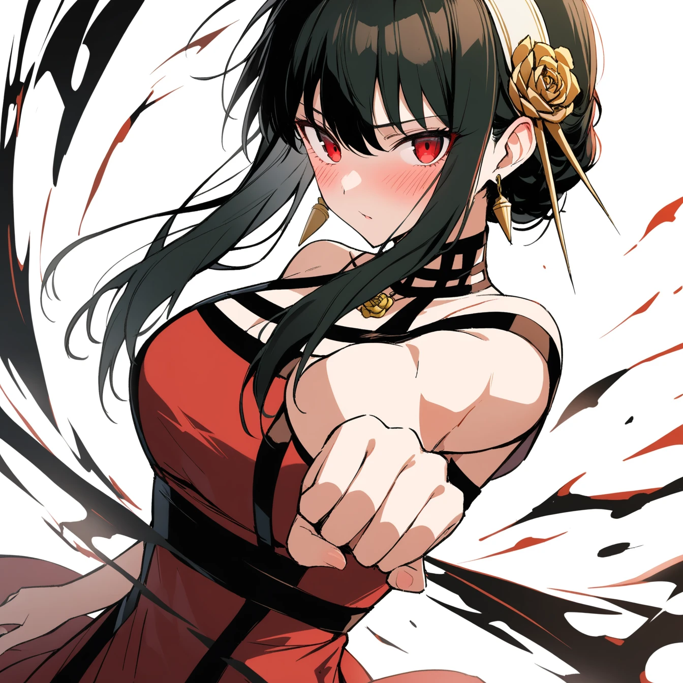 1 girl, yorbriar, yor briar, alone, viewer, pure white background, blush, red eyes, breathing, avatar, half body, comic style colorless, angle, masterpiece, best quality，fighting stance