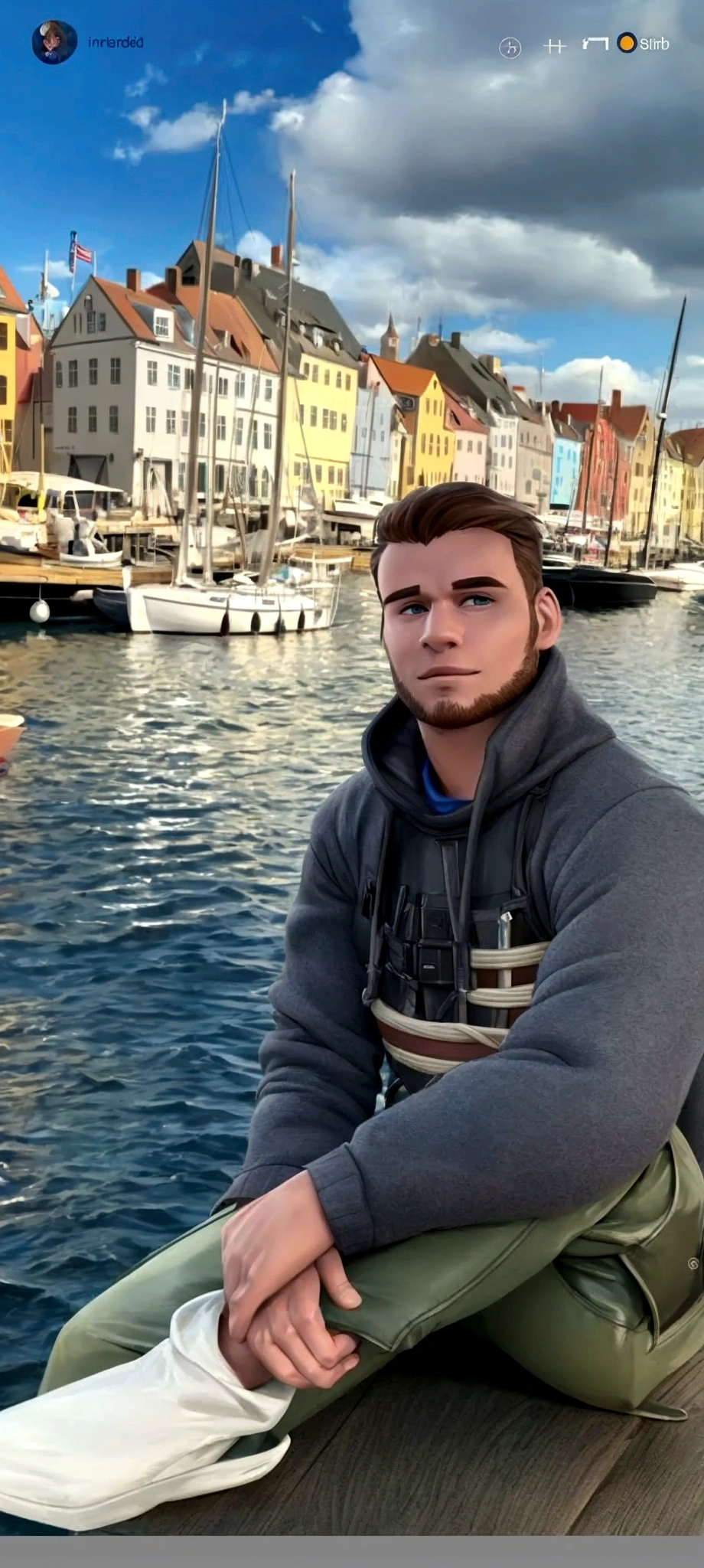 arafed man sitting on a dock in front of a body of water, profile photo, profile image, profile picture 1024px, profile picture, norwegian man, 26 year old man on a sailboat, profile, 3/4 profile, christian dimitrov, twitch streamer / gamer ludwig, crypto, profile pic, author