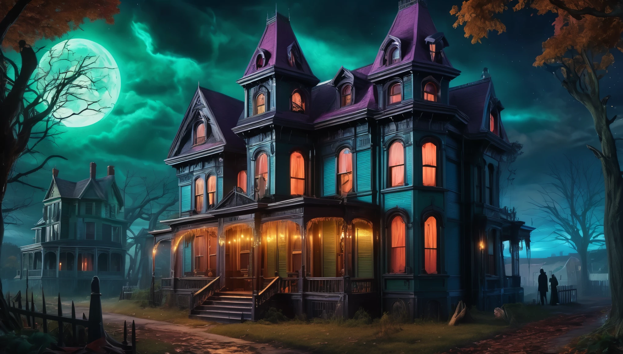 A haunted Victorian-style house with ghostly figures, eerie lighting, and a spooky atmosphere. Style of H P Lovecraft. Hyper realistic photo, vibrant colors, 16k