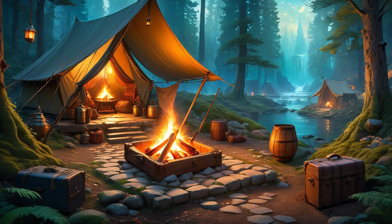 (by Greg Rutkowski: 1.2), (masterpiece, best quality, high resolution, highly detailed, depth of filed, HDR:1.2), extremely delicate and beautiful, illustration, pale colors, (fantasy landscape, from dungeon and dragons), A mesmerizing fantasy with enchanting elements blending seamlessly. ((a traveler small camp in the forest, small camp fire, luggage, boxes)). fantastical landscapes, vibrant colors, majestic, magical atmosphere, beautiful, extremely detailed, intricate, delicate, serene fantasy, bokeh, cinematic lighting, 8k, high quality