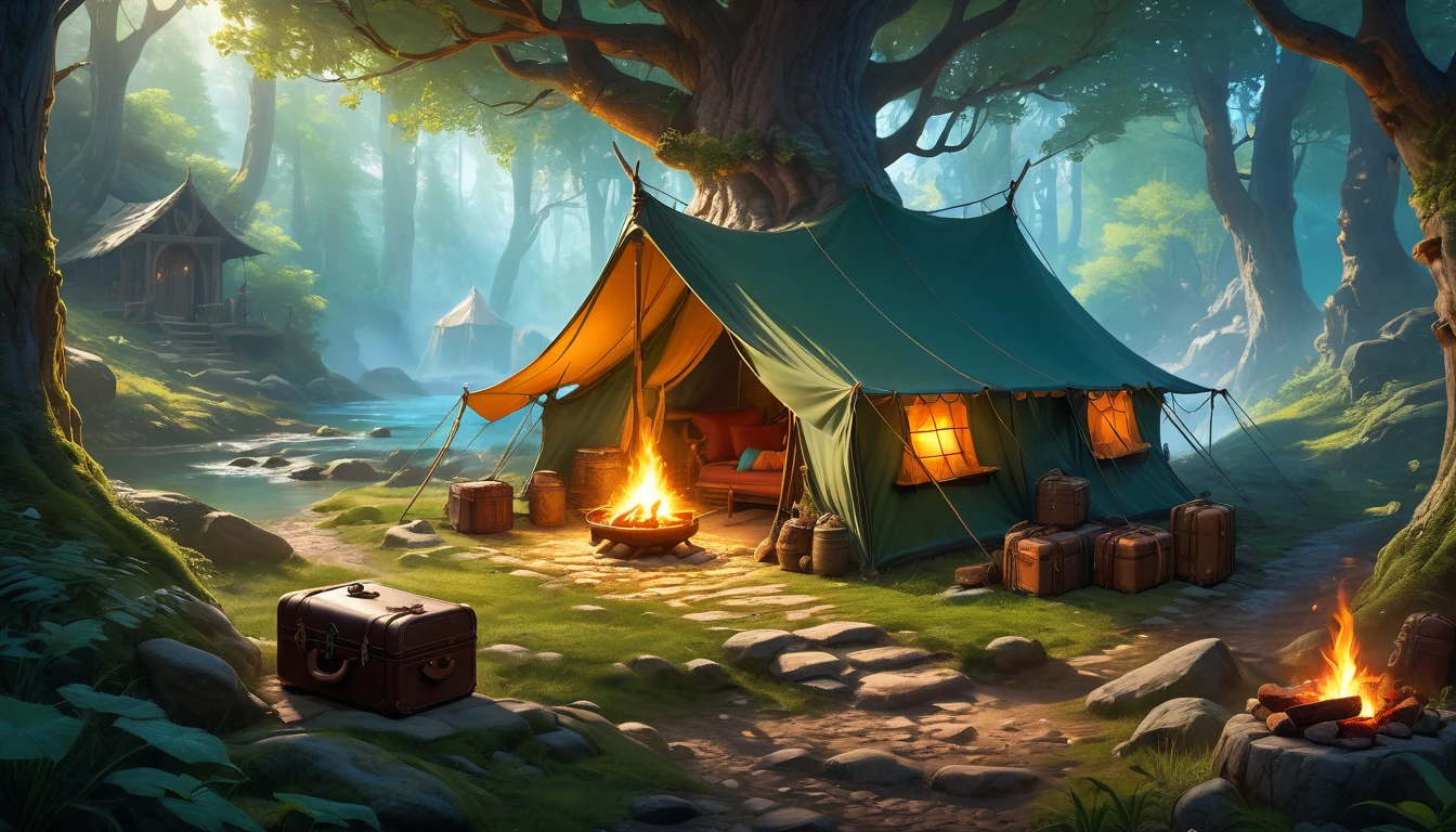 (by Greg Rutkowski: 1.2), (masterpiece, best quality, high resolution, highly detailed, depth of filed, HDR:1.2), extremely delicate and beautiful, illustration, pale colors, (fantasy landscape, from dungeon and dragons), A mesmerizing fantasy with enchanting elements blending seamlessly. ((a traveler small camp in the forest, small camp fire, luggage, boxes)). fantastical landscapes, vibrant colors, majestic, magical atmosphere, beautiful, extremely detailed, intricate, delicate, serene fantasy, bokeh, cinematic lighting, 8k, high quality