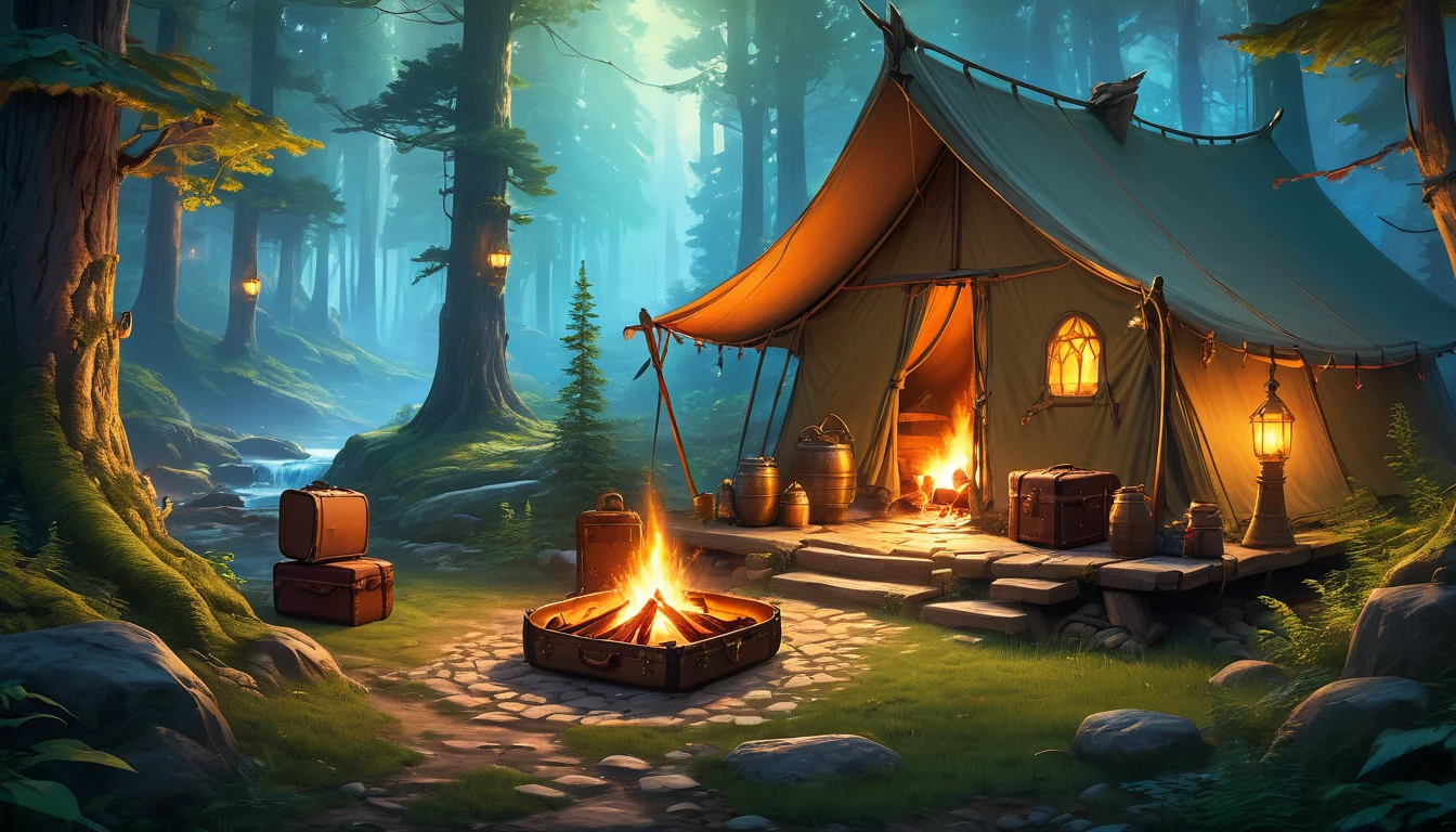 (by Greg Rutkowski: 1.2), (masterpiece, best quality, high resolution, highly detailed, depth of filed, HDR:1.2), extremely delicate and beautiful, illustration, pale colors, (fantasy landscape, from dungeon and dragons), A mesmerizing fantasy with enchanting elements blending seamlessly. ((a traveler small camp in the forest, small camp fire, luggage, boxes)). fantastical landscapes, vibrant colors, majestic, magical atmosphere, beautiful, extremely detailed, intricate, delicate, serene fantasy, bokeh, cinematic lighting, 8k, high quality