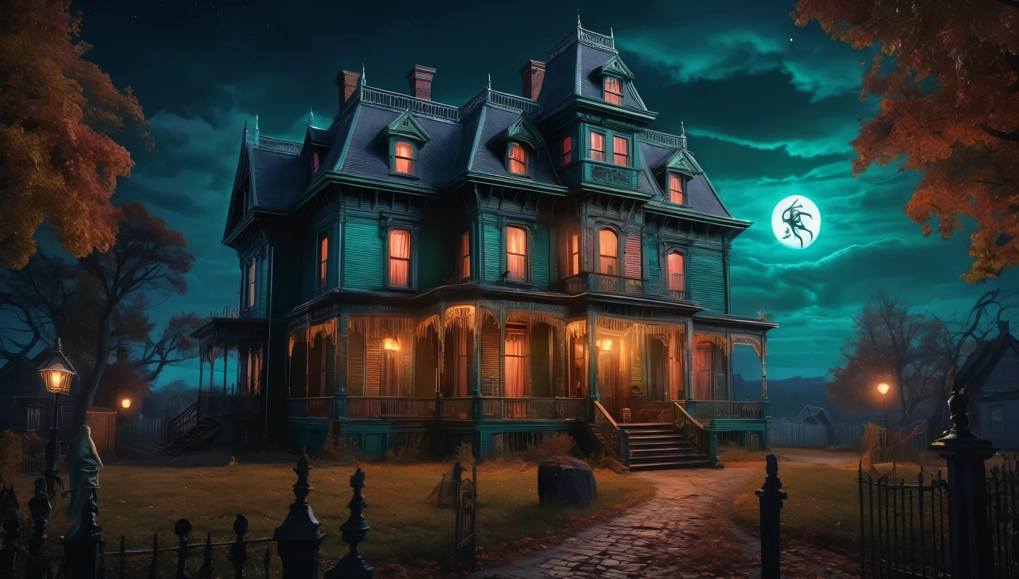 A haunted Victorian-style house with ghostly figures, eerie lighting, and a spooky atmosphere. Style of H P Lovecraft. Hyper realistic photo, vibrant colors, 16k