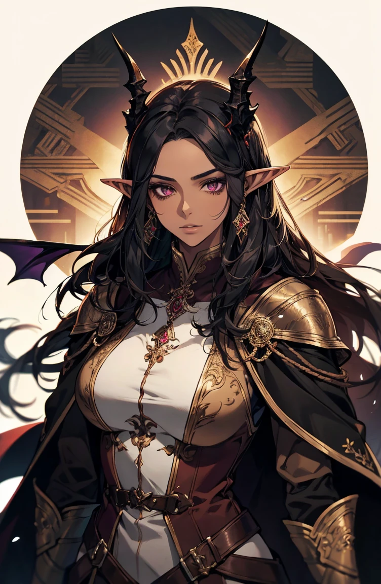 brown skin, older woman, sexy, tall, brown skin, one dragon wing, black hair, elf, elf ears, dragon horns, dark clothing, purple clothing