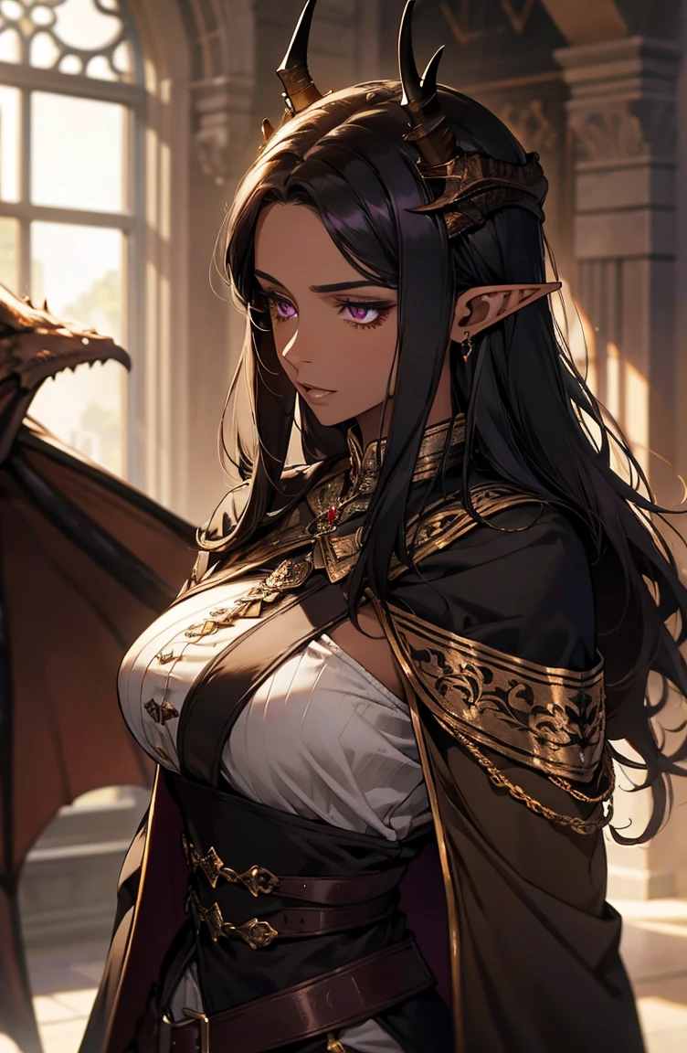 brown skin, older woman, sexy, tall, brown skin, one dragon wing, black hair, elf, elf ears, dragon horns, dark clothing, purple clothing