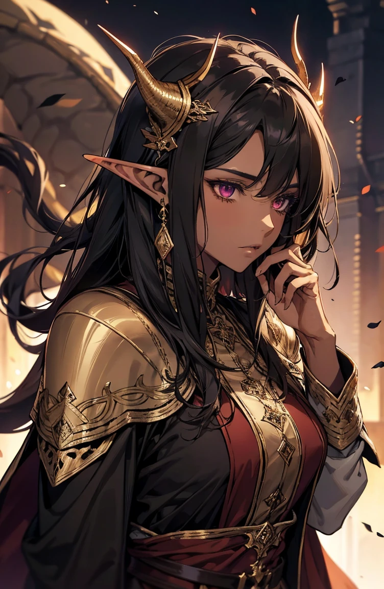 brown skin, older woman, sexy, tall, brown skin, one dragon wing, black hair, elf, elf ears, dragon horns, dark clothing, purple clothing