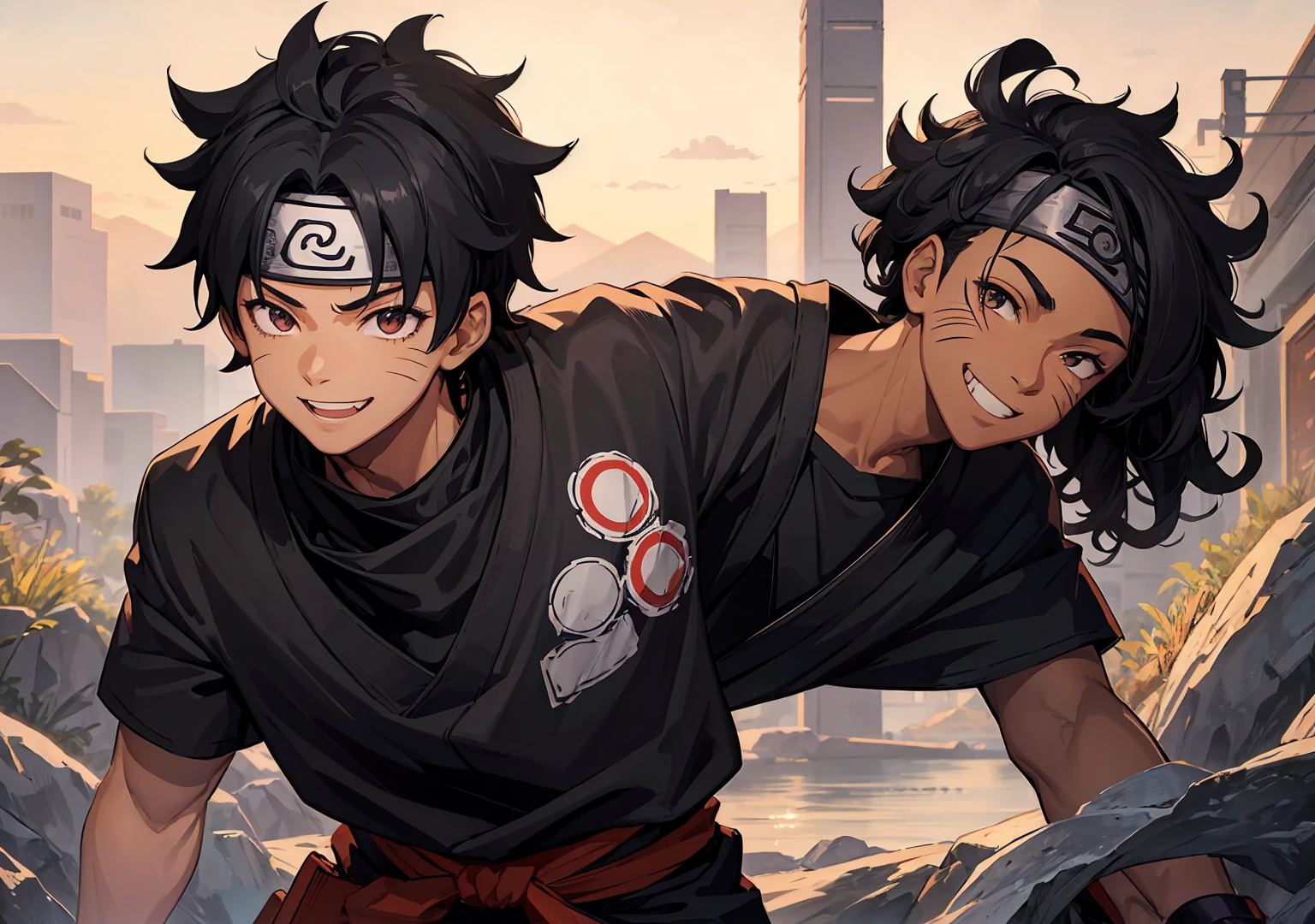 black boy with Naruto bandana, eyebrow line, curly hair, anime style, with black clothes, young man, black hair, smiling