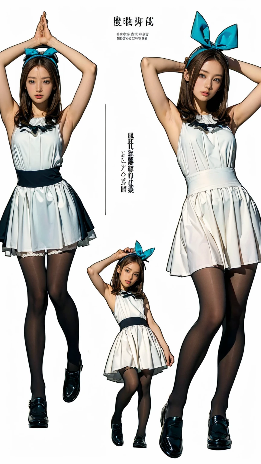 ((masterpiece)),(((Highest quality))),((Character design sheet)),Thin thighs,Long legs,((Alice in Wonderland, wearing a large ribbon on your head,, wear black tights,loafers))、、(Raise your arms、Please show me your armpits:1.2)、(Droopy eyes:1.2), (Very slim:1.4)、Low angle reveals white panties:1.5,toy