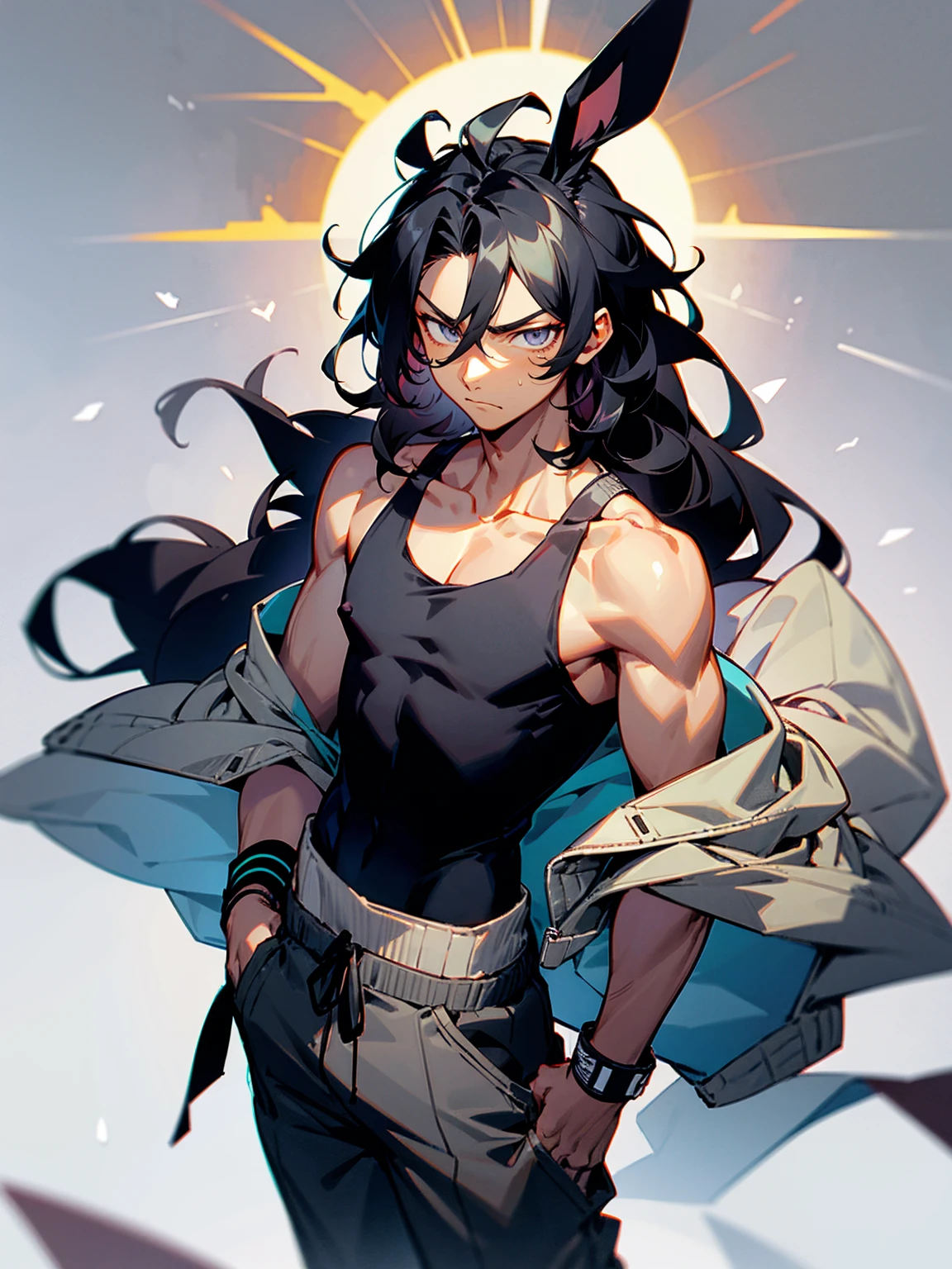 1male, dark skin, black hair, wavy middle parted hair, rabbit ears, lean build, tank top, tied to waist, bracelets, grey sweatpants, Japanese school, serious expression 