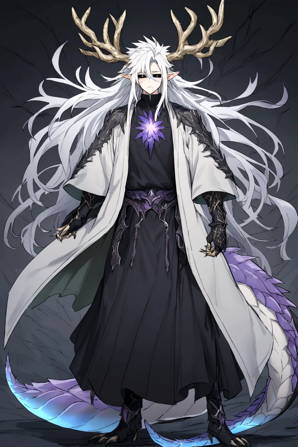 Solo, male teen, Character fusion: Nibelung fused with nidhoggr, odin and sun wukong, tall tanned man with wild unruly white hair, bangs on face, bangs, ((iridescent irises)), black sclera on eyes, long voluminous hair, spiky hair, pointy ears, fit , clawed fingers, dragon tail, open haori, turtleneck tanktop, dark crystal antlers, exhausted expression, khaenr'ah abyss, draconic person, calamity incarnate, full body