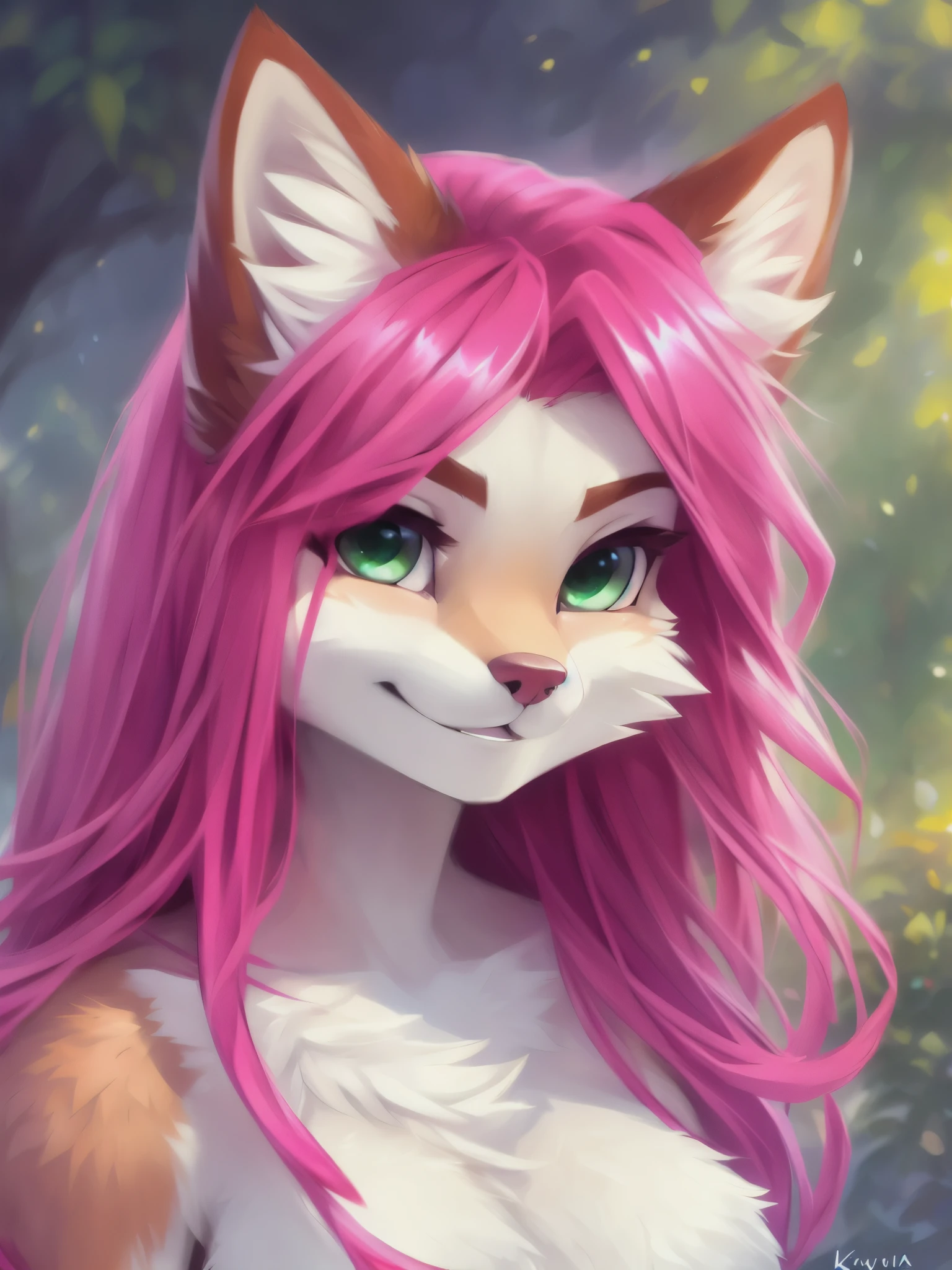A beautiful and detailed (sweet portrait) wa, Star Fox, sslim, lovable, green eyes, medium breasts, (((Long pink hair 1.3))), Decollete, anthro, furry, Uploaded E621, detailed fluffy fur, (wa Fluff-Kevlar, Bayard Wu, personalize me, Pino Daeni), detailed face, (fluffy), 1 girl,  alone, 