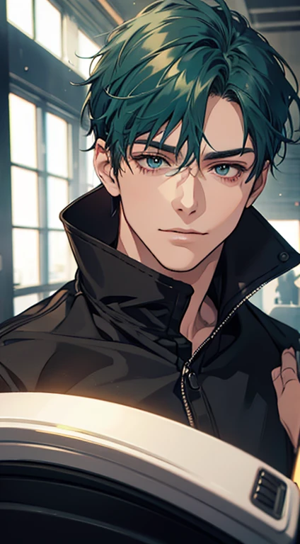 a mature man with short green blue hair, red eyes, 31 years, and a perfect face, smiling in love, CEO, cinematic lighting, 1:4 HDR image, top view, ultra detailed, best quality, masterpiece, 8K, photorealistic, beautiful image