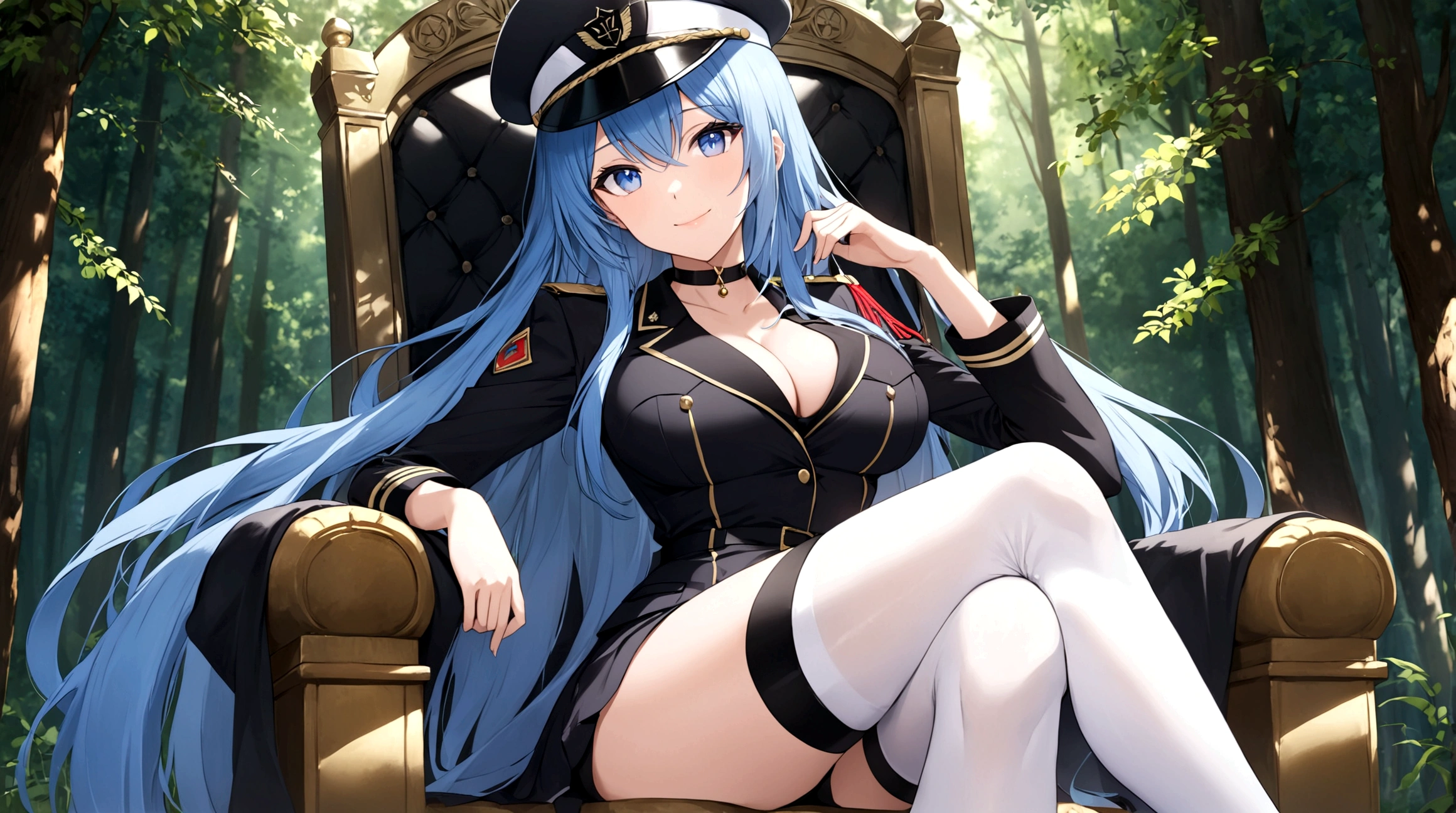 1girl, solo, long hair, breasts, looking at viewer, smile, blue eyes, large breasts, thighhighs, hat, cleavage, sitting, very long hair, blue hair, boots, choker, uniform, white thighhighs, military, military uniform, thigh boots, crossed legs, nature, peaked cap, forest, throne