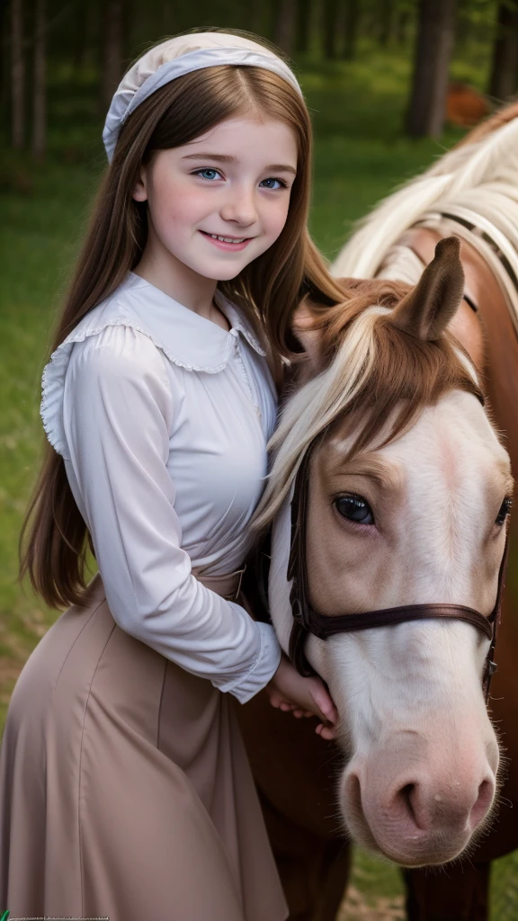 ((high resolution)), ((pale skin)), freckled, brunette,cute baby face ukrainian lolita ((12 year old)) sexy ukrainian young girl, anna hateway , with blue eyes, blushing cheeks, wavy hair, smiling, colosal busty massive size , as a fantasy druid, horse behind, horse 