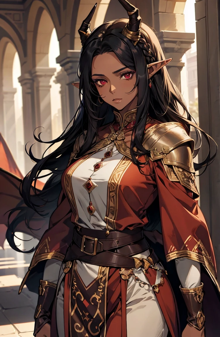 brown skin, older woman, sexy, tall, brown skin, one dragon wing, black hair, elf, elf ears, dragon horns, red eyes, purple clothing