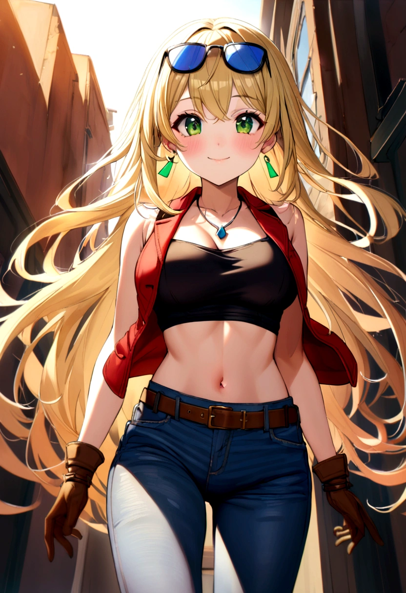 20 year old girl, long flowing blonde hair, blue sunglasses on head, cute face, green eyes, light blush, green earrings, prism necklace, black tube top, open midriff, red vest, brown biker gloves, jeans, brown belt, steel toe boots, large chest