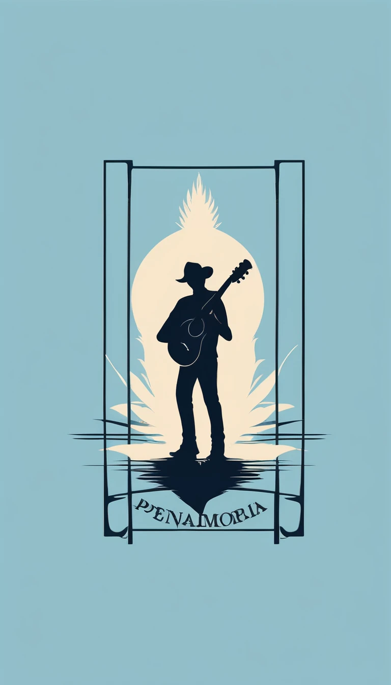 A minimal, modern, simple, cinematic logo design for the brand “Penamemoria". The logo design must be a simple, silhouette of a boy, standing up, playing acoustic guitar and fantasy feather by his side. The logo must convey a sense of music, stories, memories and dreams. Logo design impressed on a book cover. Minimalistic logo. Light blue, soft white and light golden as colors for the logo design