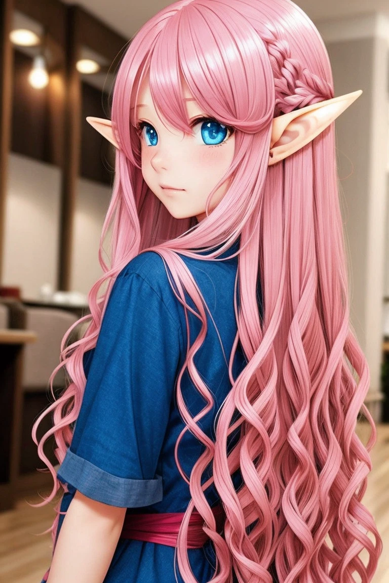 Woman, long wavy hair, pink hair, blue eyes, elf