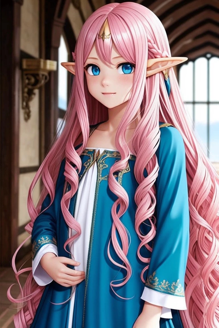 Woman, long wavy hair, pink hair, blue eyes, elf