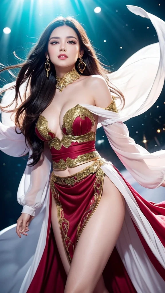 A realistic portrayal of a tall, slender woman with a confident and striking presence. She has long, nude、flowing black hair that cascades past her waist. Her eyes are large, expressive, and convey a determined look. She wears large, ornate golden earrings that dangle elegantly.

Her outfit is intricate and revealing, with a deep red, long-sleeved top that features a plunging neckline. The sleeves are adorned with patterns that resemble scales or feathers. Around her waist, she wears a wide, ornate belt with gold and jewel-like accents. Her lower garment is a high-slit skirt that exposes one of her legs, showcasing colorful, elaborate patterns in green, white, and red. Draped over her shoulders is a long, flowing cape or shawl in shades of white and light purple, billowing dramatically behind her.

She strikes a dynamic pose, with one arm raised and the other extended forward, her legs positioned to emphasize movement and grace. Her facial expression is confident and slightly playful, with a small smile.

The background is vibrant and dynamic, filled with swirling patterns and light effects in pink, purple, and white hues, creating a magical and energetic atmosphere. Sparkling light effects and radiant streaks emphasize her dramatic entrance or action. The art style should be hyper-realistic, capturing the elegance, strength, and fantasy elements of the character.”

This prompt should help in visualizing the character in a realistic manner while maintaining the essence of the original anime style.