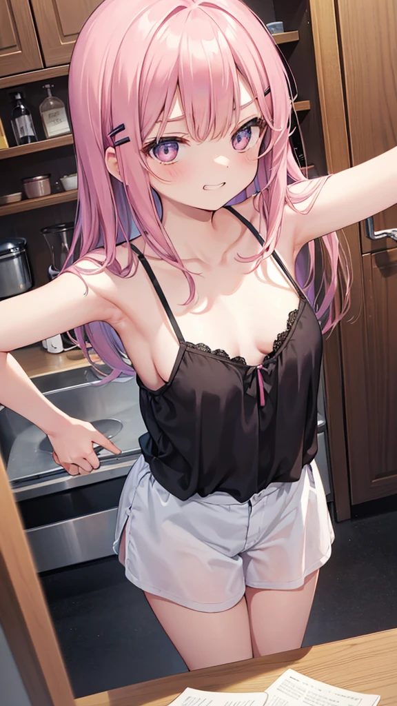 1boy and 1girl, Angle from the front、(((close up
breasts))), (The gap between the camisole and the chest)、(Pressing her small breasts together with her hands)、The girl bends forward to show off her breasts、((seductive evil grin)), (( girl)), Cute hair clip、low length、Small breasts, Camisole、In the corner of the kitchen、((paizuri)), 1penis, eject cum, cum to breasts