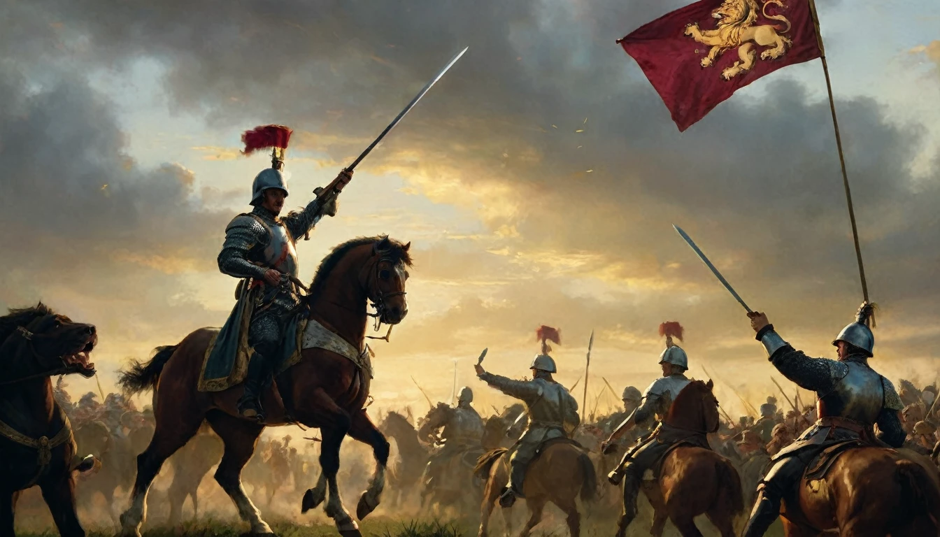 Henry V in shining and ornate armor, highlighting the emblem of the lion of England on his chest and the fleur-de-lys on his cape. He stands in the center of the battlefield, raising his sword in victory. His face shows an expression of triumph and determination. Around him, soldiers celebrate and raise their weapons. The background includes the landscape of the battlefield with waving banners, horses and the sky tinted by the evening light, adding an epic and dramatic atmosphere to the scene. The composition captures the glorious moment of victory and the king's leadership in battle., Hyperrealism, Impressionism, close-up, UHD, retina, masterpiece, accurate, anatomically correct, textured skin, super detail, award winning, 8k