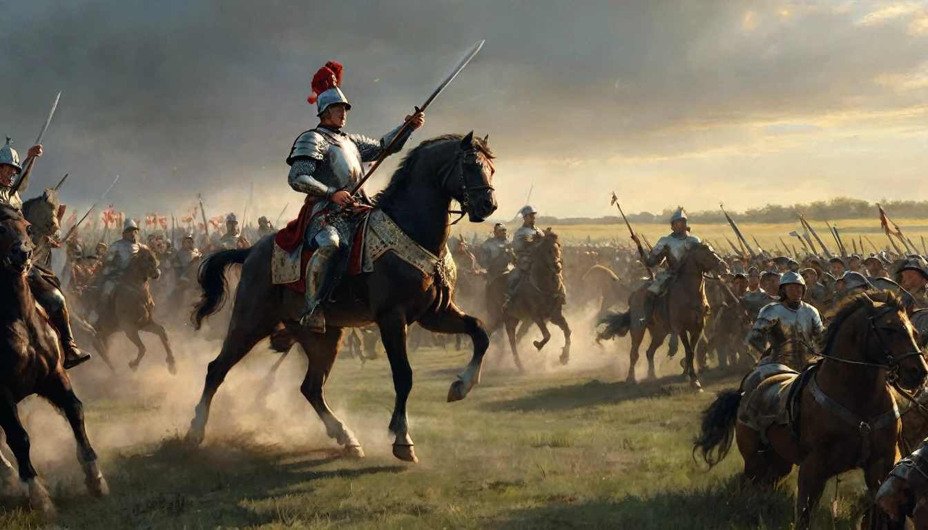 Henry V in shining and ornate armor, highlighting the emblem of the lion of England on his chest and the fleur-de-lys on his cape. He stands in the center of the battlefield, raising his sword in victory. His face shows an expression of triumph and determination. Around him, soldiers celebrate and raise their weapons. The background includes the landscape of the battlefield with waving banners, horses and the sky tinted by the evening light, adding an epic and dramatic atmosphere to the scene. The composition captures the glorious moment of victory and the king's leadership in battle., Hyperrealism, Impressionism, close-up, UHD, retina, masterpiece, accurate, anatomically correct, textured skin, super detail, award winning, 8k
