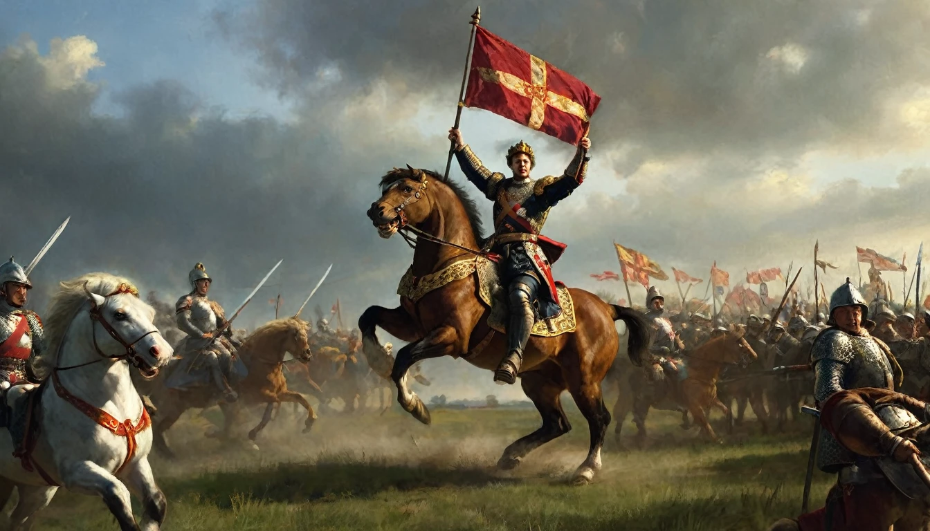 Henry V in shining and ornate armor, highlighting the emblem of the lion of England on his chest and the fleur-de-lys on his cape. He stands in the center of the battlefield, raising his sword in victory. His face shows an expression of triumph and determination. Around him, soldiers celebrate and raise their weapons. The background includes the landscape of the battlefield with waving banners, horses and the sky tinted by the evening light, adding an epic and dramatic atmosphere to the scene. The composition captures the glorious moment of victory and the king's leadership in battle., Hyperrealism, Impressionism, close-up, UHD, retina, masterpiece, accurate, anatomically correct, textured skin, super detail, award winning, 8k