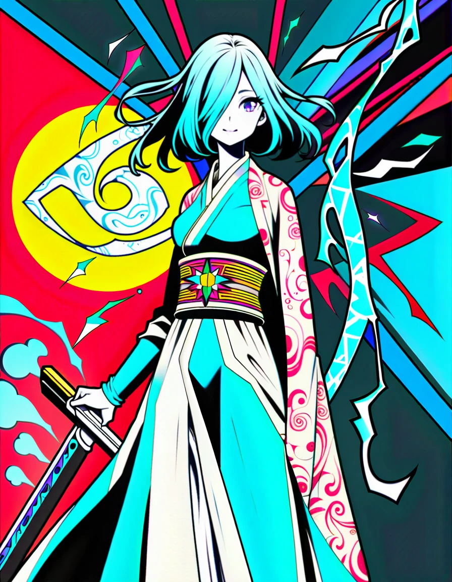 ultra-detailed:1.3, ultra delicate and detailed face:1.3, (absurdres, texture, masterpiece), from below, vibrant colors and pose, pixiv contest winner, by Posuka Demizu, dynamic manga-style illustration of slender girl holding her sword in front of her face. She is wearing torn traditional Japanese adorned kimono with botanical patterns, a backdrop filled with dark ivy patterns representing ancient symbols and floral motifs. The background is richly detailed with geometric shapes that add depth to their figure's presence. creating whimsical atmosphere. The background features bold colors and intricate fibonacci sequence designs that add to to the overall visual appeal. This artwork showcases vivid hues, intricate details on both attire and armor, capturing movement as she walks forward.,cyborg