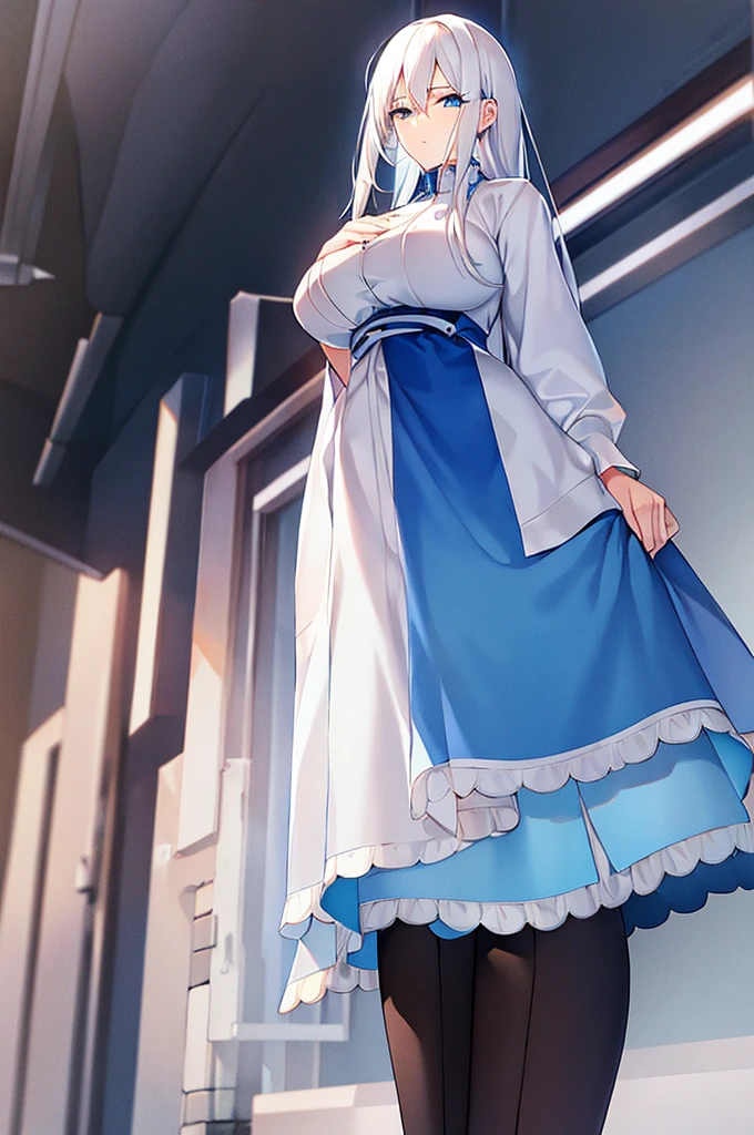 A tall girl with white hair (average size), blue colored eyes, normal ??????? and modern clothes 