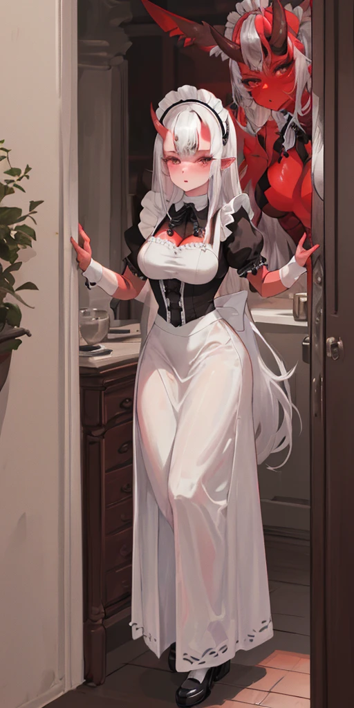 1 girl, (((oni girl))), (((red skin))), horns, white hair, ((maid)), (solo female), white maid apron, maid headdress, maid skirt, (((victorian maid dress))), puffy sleeves, fascinated expression, full body portrait, inside mansion, bedroom background