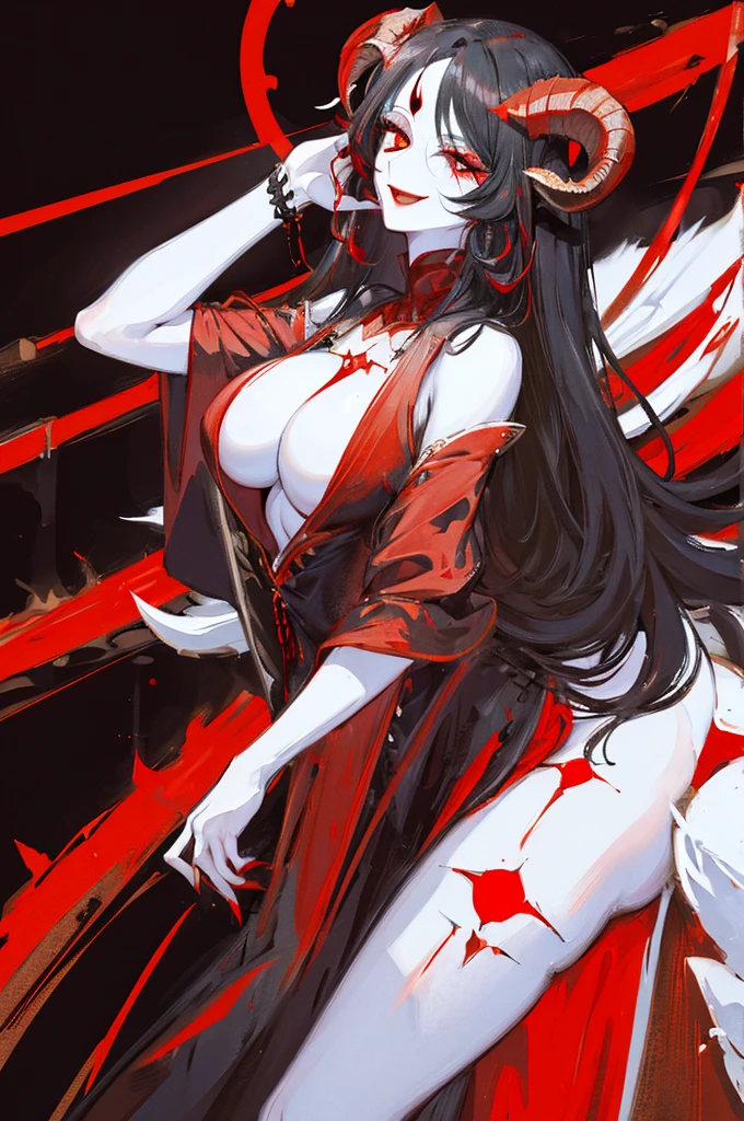 honey, (only), pale skin, long black hair, black horns up, black eyes, red eye shadow, red lipstick, big breasts, awas, Diabolical  smile, masterpiece, high high quality 