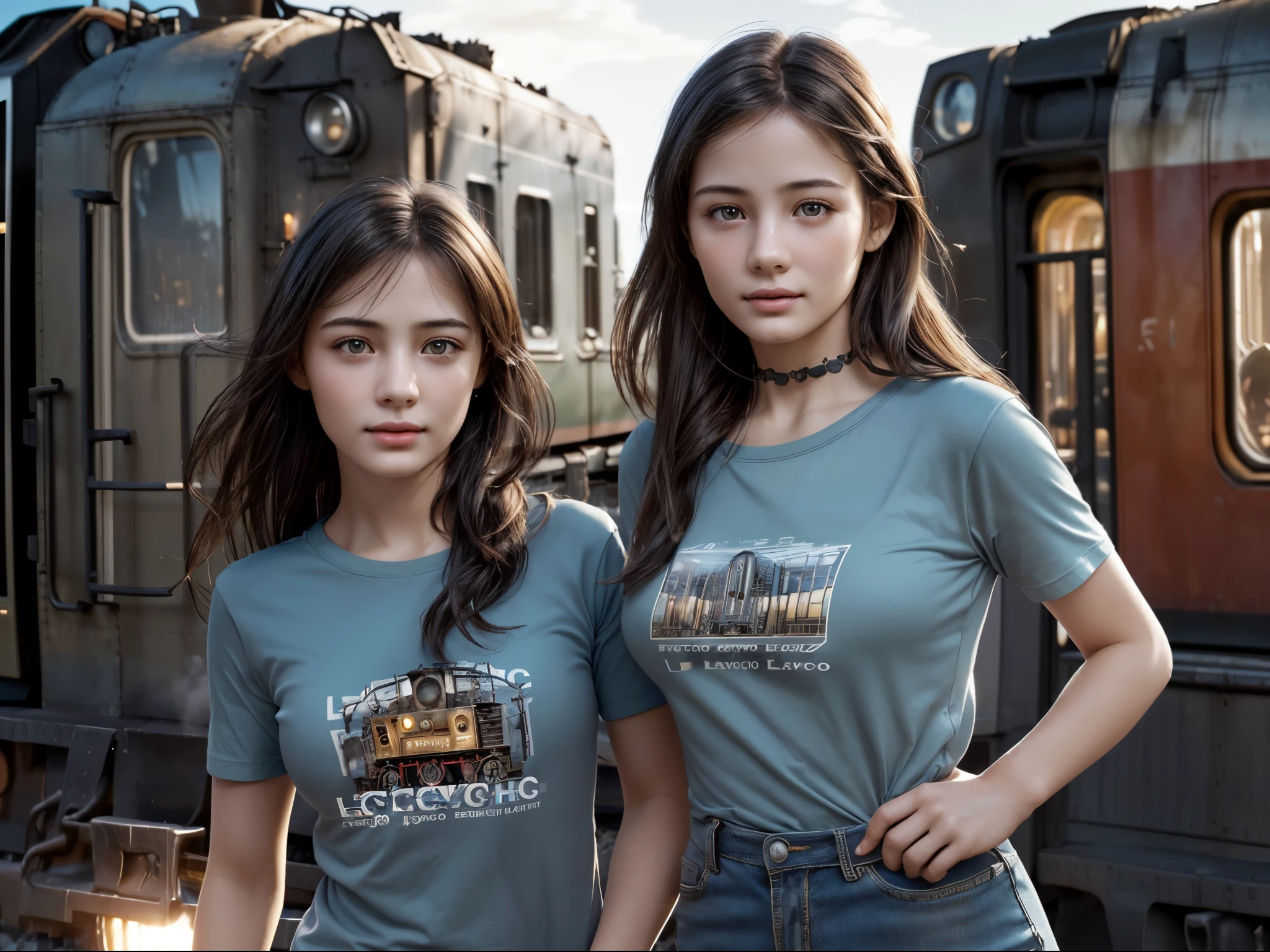 2girls, standing, surreal, (locomotive train:1.4), dreamy beautiful day, dressed, (photo realistic:1.4), (hyper realistic:1.4), (realistic:1.3), (smoother lighting), (cinematic lighting quality), realistic lighting, backlighting, light on face, ray trace, (brightening light:1.2), (tired and joy), t-shirts, (detailed skin texture), (full body:0.8), (breasts:1.2),