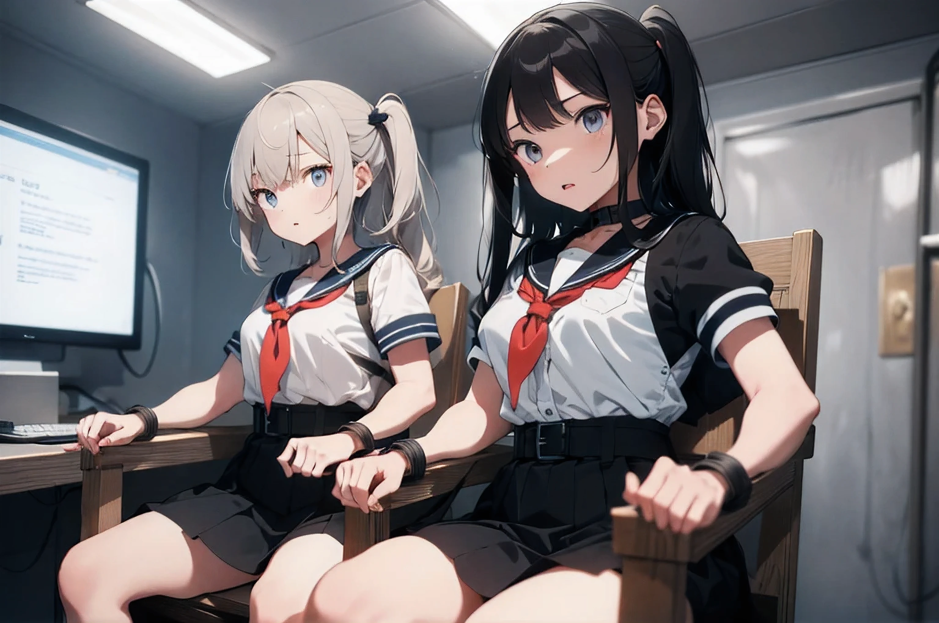3 girls, ((squeezed together, inside tiny cube, strapped to chairs)), (sitting:1.5), (bondage chair:1.5), (inside torture room:1.5), ((basement, metal room)), (((3 girls, group of girls))), (inside tiny cube, tightly packed), arms to sides , wrist cuffs, ankle cuffs, (((shocked expression, struggling))), ((short sleeve, sailor uniform, mini skirt, tight clohing)), arms to sides, long hair, dark hair, saphire eyes, perfect body, perfect face, detailed face, (((detailed eyes))), image taken from afar
